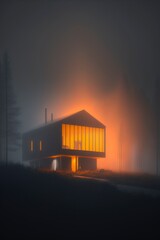 Minimalist rectangular house in a foggy night