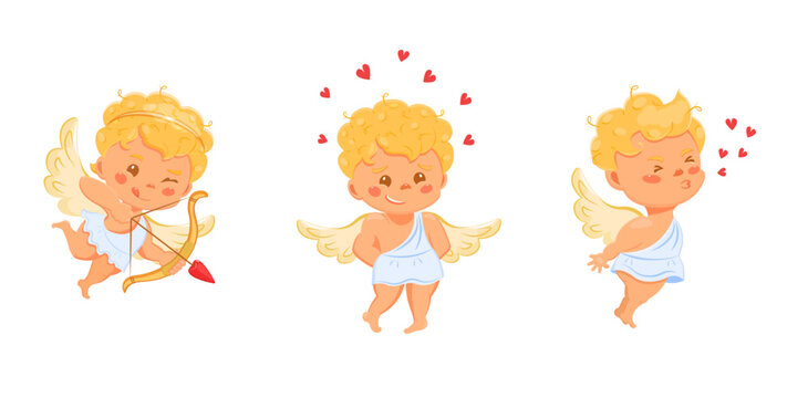 Cupid cute with hearts and an arrow. Shy angel kisses. Valentine s day characters for design.
