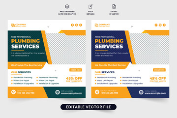 Special plumbing service advertisement poster design for marketing. Plumbing and home maintenance service social media post vector. Professional handyman business promotion web banner template.