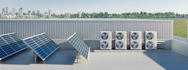 3d rendering of photovoltaic cell on solar panel, condenser unit or compressor on rooftop. Eco building with system technology for future. To generate electrical power or direct current electricity.  © DifferR