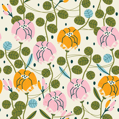 Seamless pattern with flowers and leaves. Vector background, print, design