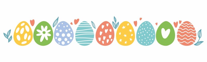 Vector, horizontal Easter pattern with Easter egg drawings, hand-drawn in doodle style
