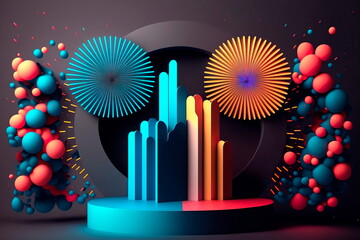 Paper slice podium and neon fireworks. Concept scene stage showcase for new product Generative AI