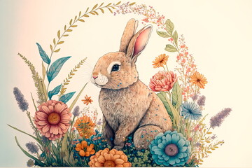 Easter Bunny with flowers decoration for postcards Generative AI