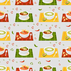 Seamless pattern with Mexican soups. Tomato Soup and green soup with avocado Traditional dishes in plates on tablecloth on gray background with chili. Vector endless background latin american food