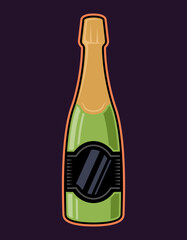 Champagne bottle vector colored illustration in cartoon style isolated on dark background