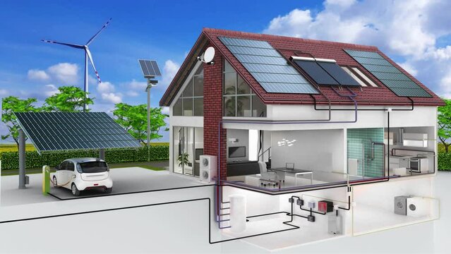 Energieffizientes Einfamilienhaus mit W&auml;rmepumpe (Photovoltaikanlage,  Carport mit Ladestation) - 3D Visualisierung