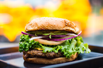 HAMBURGESA SERVIDA SOBRE PLATO EN LLAMAS