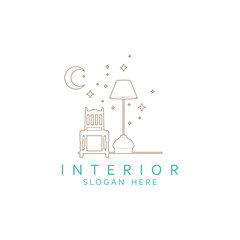 Floor lamp with chair logo. Template of electric torchere for interior design, energy furniture business branding. Home equipment in modern style. Crescent moon and stars