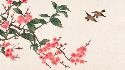 Chinese wind flowers and birds hand drawn illustration