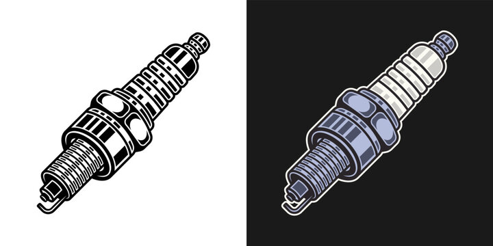 Spark plug vector illustration in two styles black on white and colorful on dark background