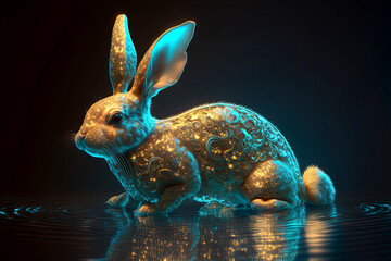Generative AI illustration of gold horoscope water rabbit wit intricated ornaments concept for Happy Chinese new year 2023 the year of the water rabbit in China - obrazy, fototapety, plakaty