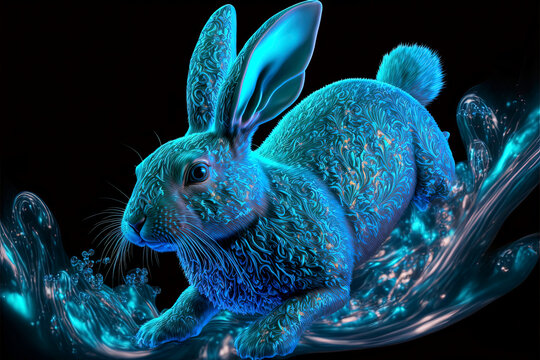 Generative AI illustration of blue horoscope water rabbit wit intricated ornaments concept for Happy Chinese new year 2023 the year of the water rabbit in China