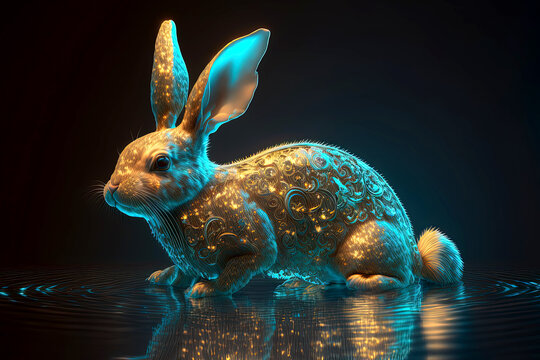 Generative AI illustration of gold horoscope water rabbit wit intricated ornaments concept for Happy Chinese new year 2023 the year of the water rabbit in China