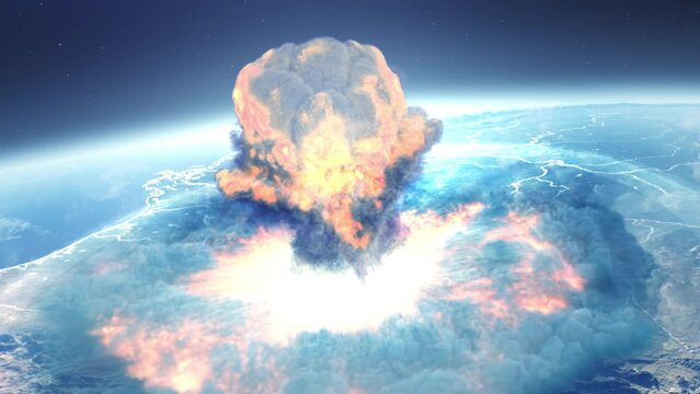 Massive explosion with large shockwave mushroom cloud from outer space, 
nuclear war or World War III, apocalypse concept, from earth outer space view,2023
