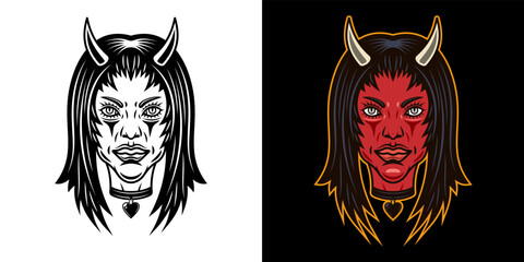 Devil girl head with horns in two styles black on white and colorful on dark background vector illustration