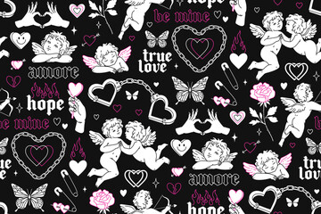 Tattoo art 1990s-2000s seamless pattern. Love concept. Happy valentines day. Heart, angel, cupid, butterfly, rose in trendy retro style. Vector hand drawn tattoo background. Black, pink, white colors. - obrazy, fototapety, plakaty