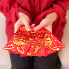 woman holding Chinese red envelope with golden rabbit and blessing word, money gift for happy Lunar New Year holiday. Chinese sentence means happiness, healthy, Lucky and Wealthy