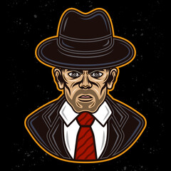 Detective man in fedora hat in suit character colorful vector illustration in cartoon style isolated on dark background