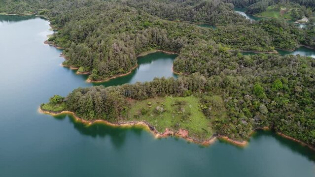View of the reservoir near the town of Guatape from the drone