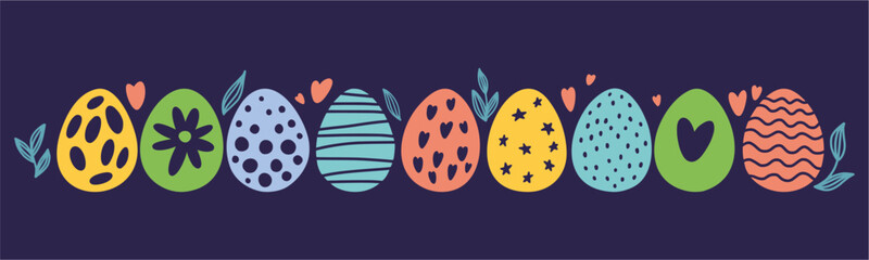 Vector, horizontal Easter pattern with Easter egg drawings, hand-drawn in doodle style