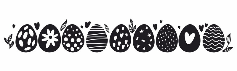 Horizontal illustration with Easter eggs with geometric pattern, hand-drawn in the style of doodle
