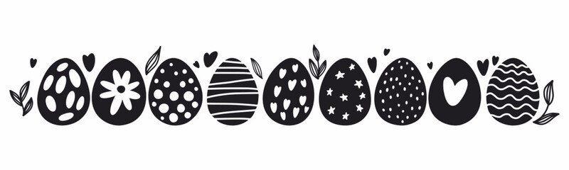 Vector, horizontal Easter pattern with Easter egg drawings, hand-drawn in doodle style
