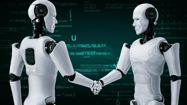 Futuristic robot artificial intelligence huminoid AI programming coding technology development and machine learning concept. Robotic bionic science research for future of human life. 3D rendering.