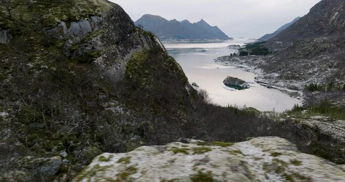 Lofoten Landscape With Calm Sea Waters During Winter In Northern Norway. - aerial slider, reveal