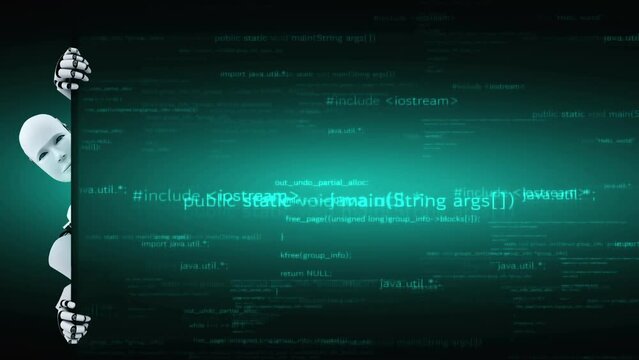 Futuristic robot artificial intelligence huminoid AI programming coding technology development and machine learning concept. Robotic bionic science research for future of human life. 3D rendering.