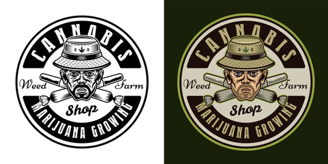 Stoner head in bucket hat and two crossed weed joints vector emblem, badge, label or logo in two styles black on white and colorful on dark background
