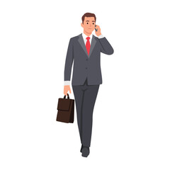 Young businessman walk with cellphone talking and holding briefcase. Flat vector illustration isolated on white background