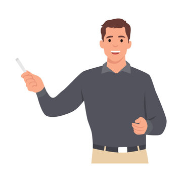 Young man presenting and explaining smth. Confident smiling businessman in eyeglasses gesturing with hands during presentation. Flat vector illustration isolated on white background