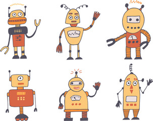 robot set hand drawn in doodle style. cartoon character for kids room decor and clothes.