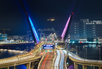 Fototapeta na wymiar Night scenery of traffic on Tseung Kwan O Cross Bay Link in Hong Kong city