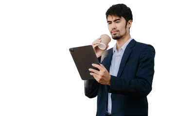 businessman using digital tablet computer and holding coffee in white background. - Powered by Adobe