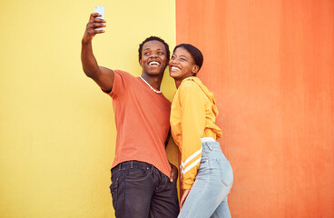 Selfie, black couple and smile with gen z youth, smartphone and influencer with post for social...