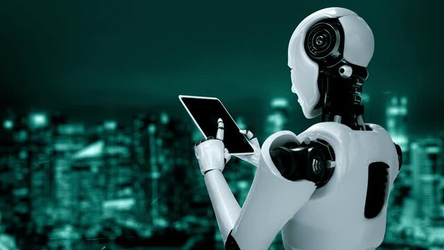 Futuristic robot artificial intelligence huminoid AI programming coding technology development and machine learning concept. Robotic bionic science research for future of human life. 3D rendering.