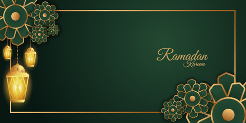 3D Ramadan decoration on green and gold. Islamic header or horizontal banner luxury look. Special day of ramadan, eid mubarak with lantern and a flower