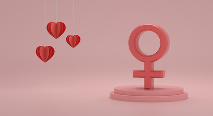 Female gender symbols in a platform and heart paper cut on pink room background. Concept of International Women's Day.