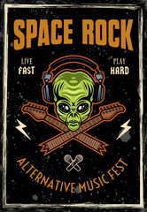 Rock music festival vintage colored poster with alien head in headphones and two crossed broken guitar necks. Vector illustration with grunge textures and text on separate layers