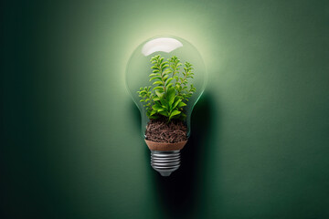 Small plant growing inside a lightbulb. Light Bulb with sprout inside. Green energy concept. Generative AI