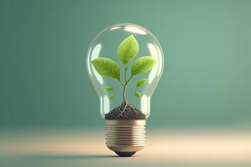 Foto op Plexiglas Small plant growing inside a lightbulb. Light Bulb with sprout inside. Green energy concept. Generative AI © StockSnap
