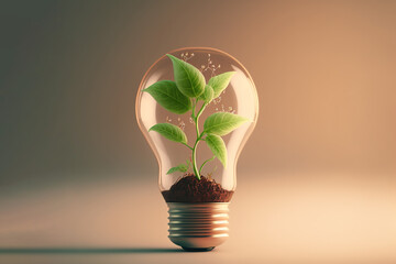 Small plant growing inside a lightbulb. Light Bulb with sprout inside. Green energy concept. Generative AI