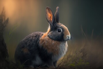 Fototapeta premium illustration of close-up pointy ears Dutch rabbit with blur nature landscape background