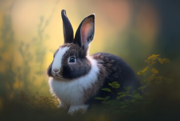 illustration of close-up pointy ears Dutch rabbit with blur nature landscape background