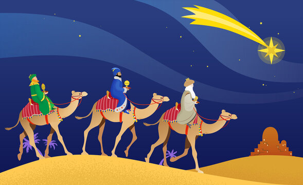 The Three Wise Men, Magi, or Three Kings, Melchior, Caspar and Balthasar on camels back, heading to the city of Bethlehem following the Star of Bethlehem. Ephiphany celebration illustration.