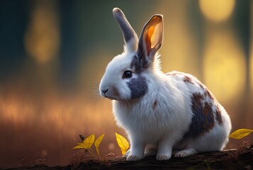 illustration of close-up pointy ears Dutch rabbit with blur nature landscape background