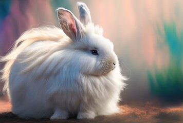 illustration of cute white Satin Angora rabbit with blur nature background with sunlight