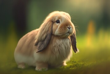 illustration of cute brown Mini Lop rabbit with blur nature background with sunlight